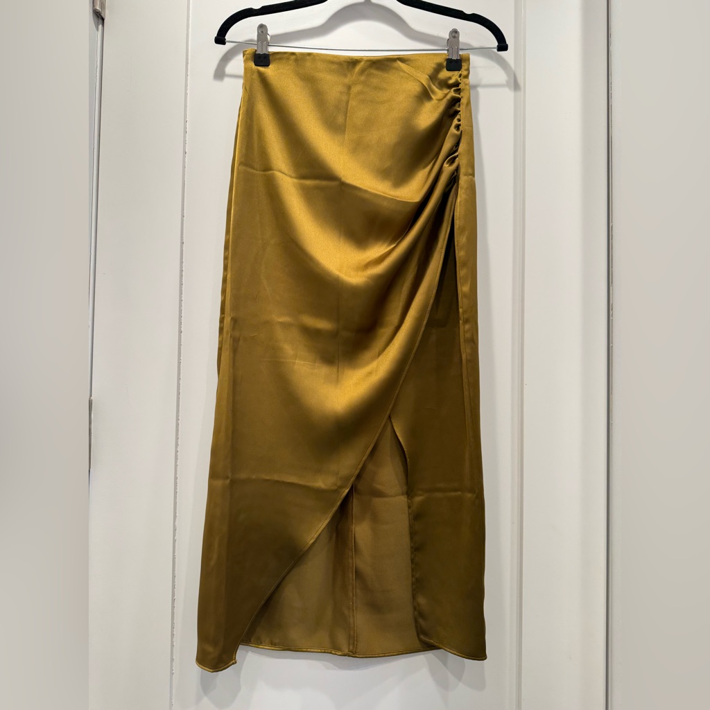 Zara Satin Midi Skirt With Ruched Draping Mustard Gold